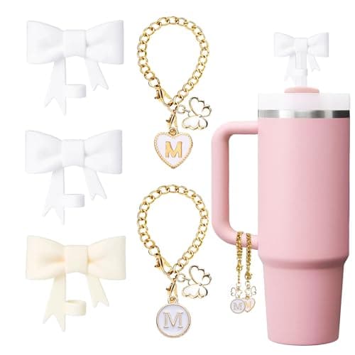 LUHOHI Bow for Stanley Straw Topper- 3pcs Cute Cup Bow Straw Cover Silicone Cap 10mm with 2pcs Initial Letter Charms Name Id Personalized Accessories 40/30 Oz Tumbler Water Bottle Cups White-M