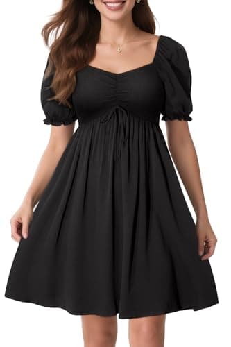 Pinup Fashion Black Summer Dress Puff Sleeve Smocked Babydoll Short Dress