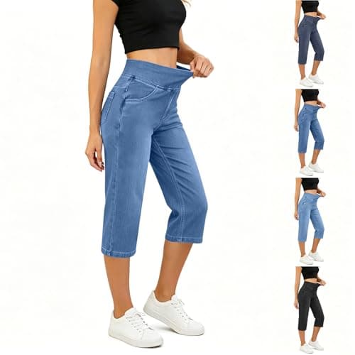 GOHRSHA Denim Capris for Women Jean Capris for Women Stretchy Light Weight Elastic Waisted Denim Capri Pants Summer Fashion Loose Casual Yoga Pants Fashion Clothing