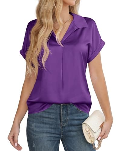 Womens Short Sleeve Tops Purple Shirt for Women Formal Work Dresses Women's Wear V Neck Shirts Casual Flowy Satin Dressy Party Silk Blouses Holiday Summer Clothes Ladies Fitting Tunics Dark Purple S