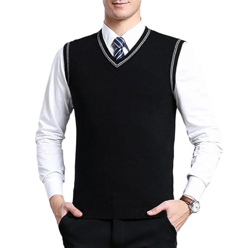 ZUEVI Men's Sweater Vests V-Neck Sleeveless Knitted Pullover Sweaters Relax Fit Classic Striped Vest Knitwear(Black-XL)