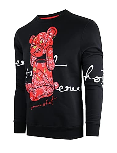 SCREENSHOT-F1122 Mens Urban Hip Hop Premium Fleece - Head Lifting Paisley Cartoon Teddy Bear Crew Neck Streetwear Sweatshirt-Black/Red-Medium