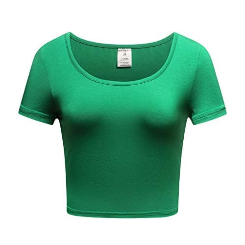 OThread & Co. Women's Basic Crop Tops Stretchy Casual Scoop Neck Cap Sleeve Shirt (Large, Green)
