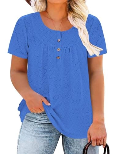 VISLILY Women Plus Size Tops 4X Cute Short Sleeve Blouses Casual Solid Color Shirts Royal Blue