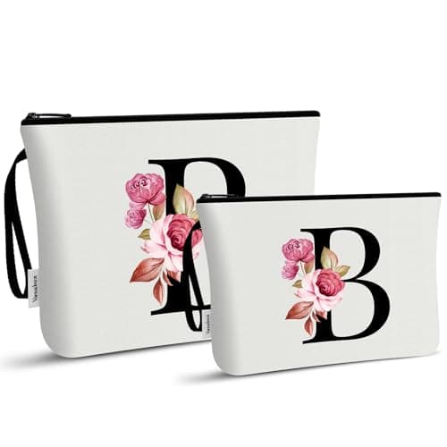 Vavabox A-Z Personalized Makeup Bag, Birthday Gifts for Women Mom, Gifts for Best Friend, Bride Bridesmaid Cosmetic bag (B, 03-White Set)