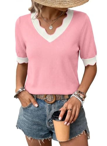 Dokotoo Women's Summer Tops V Neck Short Sleeve Sweaters,Pink,Large