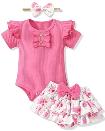HONGTEYA Infant Baby Girl Clothes Newborn Summer Outfits Cute Romper Shorts Set Floral Girl Clothes with Headband (Floral Hotpink, 12-18 Months)