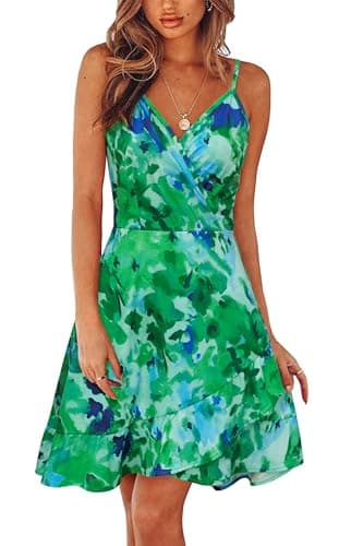 ULTRANICE Summer Dress Womens Spring Trendy Casual Wrap Flowy V Neck Hawaiian Spaghetti Outfits Clothes Midi Sun Dresses(Green Blue Floral,S)