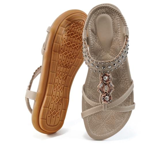 Ecetana Women's Dressy Flat Sandals: Slip On Elastic Strappy Casual Summer Shoes with Boho Rhinestone - Cushioned Comfort Footbed for All-Day Walking - Ideal for Wedding Travel