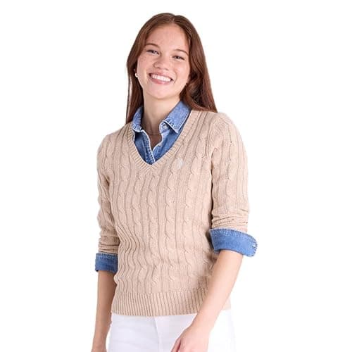 U.S. POLO ASSN. Womens Cable V Neck Sweater - Soft Knit, Embroidered Pony Logo, Ribbed Trims, Casual Cozy Pullover - Camel Heather, X-Large