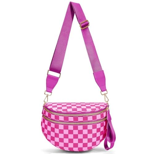 hibear Checkered Crossbody Bag Spacious Bum Bags for Women Nylon Crossbody Fanny Packs Checkered Purse Belt Wallet