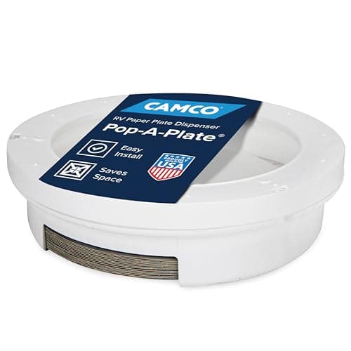 Camco Pop-A-Plate Plastic Plate Dispenser - Measures 10.2" Diameter x 2.6" Tall - Holds 9" Paper Plates - Ideal for Compact Spaces, RVs and Trailers - Mounts Under Cabinets or Shelves - White (57001)
