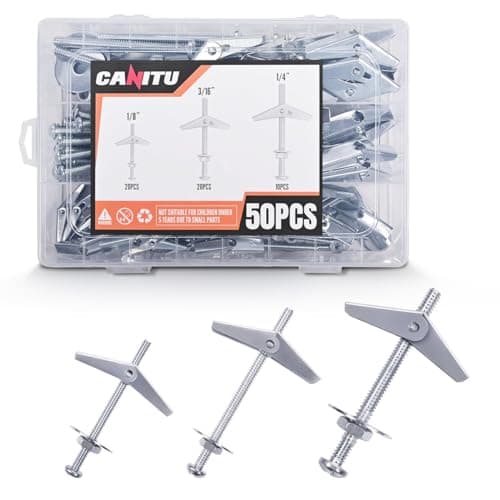 Canitu 50Pcs Toggle Bolt and Wing Nut Kit,1/8 Inch, 3/16Inch, 1/4Inch Butterfly Toggle Drywall Anchors Screws Assortment Kit with Hex Nuts,Washers for Hanging Hollow Walls & More