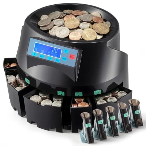 VEVOR USD Coin Counter with LCD Display, Precise Coin Counting and Sorter Machine - Sorts up to 300 Coins/min into Coin Wrappers, Compact Digital Change Counter Included 5 Coin Bins & 5 Tubes