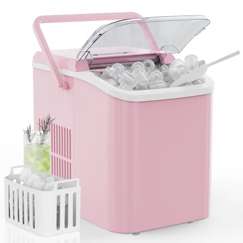 DUMOS Countertop Ice Maker with Handle, 26lbs/24H Portable Ice Machine, 9 Bullet Cubes Ready in 6 Mins, Self-Cleaning, Quiet Compact for Home, Kitchen, RV, Camping, Pink