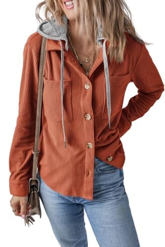 HERILIOS Women Long Sleeve Shacket Jacket Button Down Corduroy Hooded Coats
