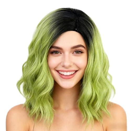 KiyaCos Dark Root Ombre Green St Patrick's Day Short Joker Curly Wavy Wig with Cap Cosplay Halloween Party High Temperature Resistant Synthetic Fiber