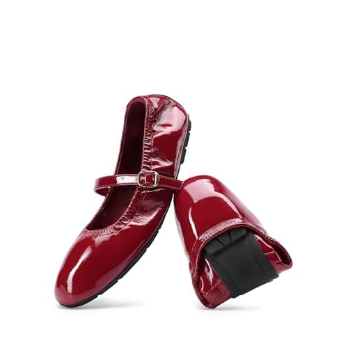 DREAM PAIRS Women's Ballet Flats Foldable Square Toe Mary Jane Flats Comfortable Slip On Dress Shoes Business Casual Work Mary Jane Shoes,Size 6,Red,DWUMFA2534