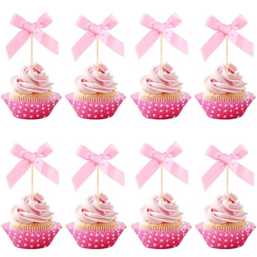 LEBERY Pink Bow Cupcake Toppers 50 Pcs Bow Cupcake Decorations Pink Ribbon Cake Topper Picks Bowknot Cupcakes Coquette Birthday Decoration for Wedding Baby Shower Bachelorette Party Supplies