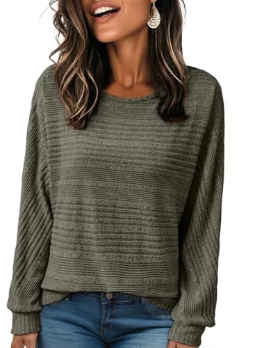 EVALESS Womens Tops Batwing Sleeve Crewneck Pullover Shirts,Green,S