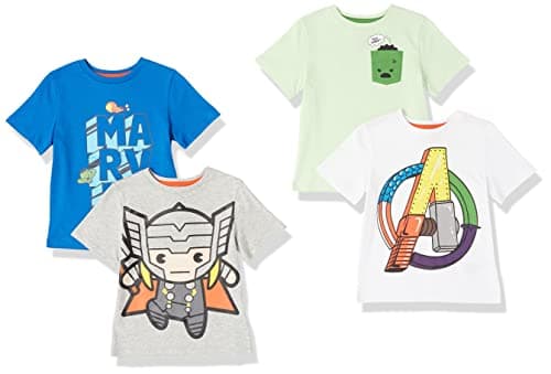 Amazon Essentials Disney | Marvel | Star Wars Boys' Short-Sleeve Crewneck T-Shirts, Pack of 4, Marvel Iconslogo, Large