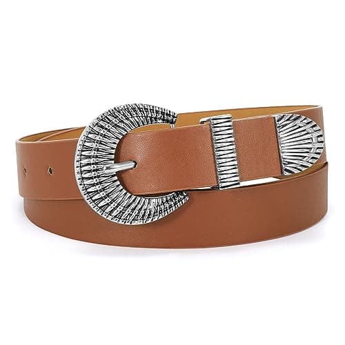 LEACOOLKEY Western Leather Belt for Women Vintage Design Buckle Waist Belt for Jeans Dress
