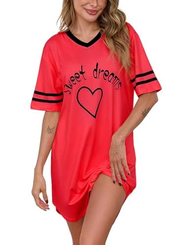 Marvmys Women Short Sleeve Lounge Dress Soft V Neck Nightgowns Oversized Sporty Nightshirts for Ladies Coral Red M