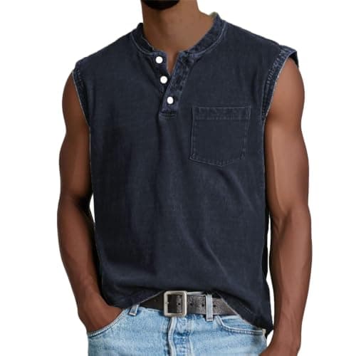 Kubsid Mens Tank Vintage Button Sleeveless Workout Muscle Henley Shirts Summer Cotton Casual Classic Solid Beach Vacation Tops with Pocket Navy Blue L