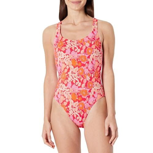 Amazon Essentials Women's Criss-Cross Back One-Piece Swimsuit, Bright Poppy Red Folk Floral, Small
