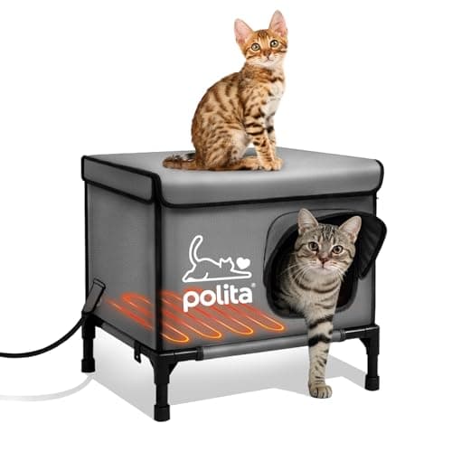 Polita Indestructible Heated Cat House for Outdoor Cats All Seasons, Extremely Insulated & 100% Weatherproof, Elevated Feral Cat Shelter with Waterproof Eaves &Safe Escape Door for Stray & Barn Cats​​