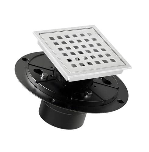 Bmvlffs 4 Inch Square Shower Drain Brushed with Removable Quadrato Pattern Grate, SUS 304 Stainless Steel Floor Drain with Flange