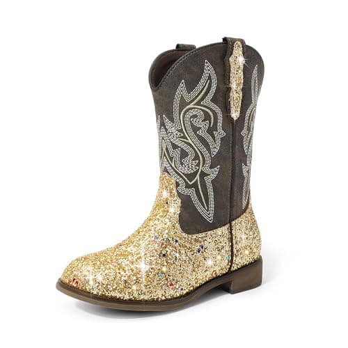 DREAM PAIRS Girls Cowgirl Boots Glitter Toddler Cowboy Boots Child Mid Calf Riding Shoes Party Birthday Dress Up for Toddler/Little/Big Kid,Size 10 Toddler,Gold,SKMB26002K