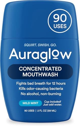 Auraglow Mouthwash Concentrate, Mild Mint Lightly Flavored, 90 Uses, Alcohol Free, Travel Size, Includes Cup Just add Water, Fights Bad Breath for 12 Hours, Kills Odor-Causing Bacteria, 2 Fl Oz