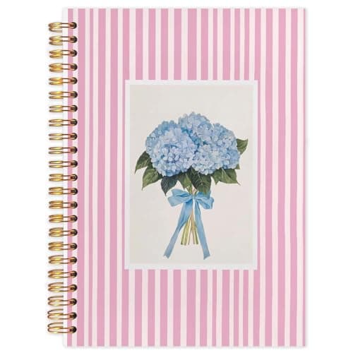 Likjad Blue Hydrangea Floral Spiral Notebook Journal 5.5x8.3, Coquette Bow Hydrangea Flower Striped Journals for Writing, Pink Office Supplies, Floral Hardcover Notebooks for Note Taking(Pink stripes)