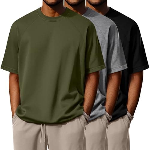 Ficerd 3 Pack Cotton Men's Oversized T Shirts Big and Tall Shirts Raglan Short Sleeve Crew Neck Plus Size Tee(Black, Light Gray, Army Green,Large)