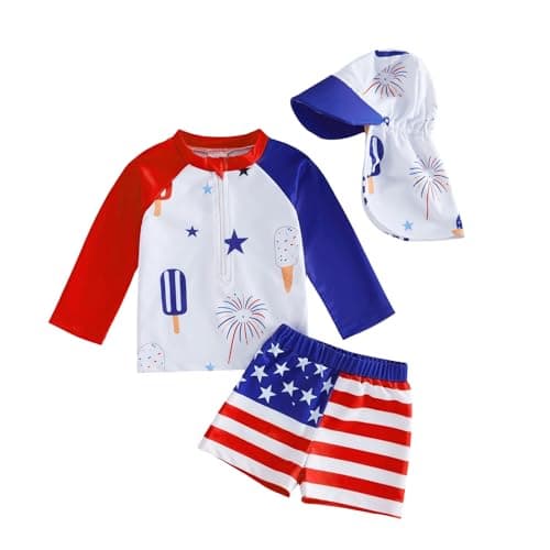 Summffie Toddler Baby Boy Rash Guard Swimsuit Long Sleeve Zipper One Piece Bathing Suit with Hat Infant Beach Swimwear (Fourth of July 2 Piece Blue, 18-24 Months)