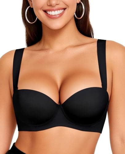 Upushall Push Up Padded Bra Add 1 Cup Balconette Underwire Support Back Smoothing T-Shirt Bras for Women Black 40C
