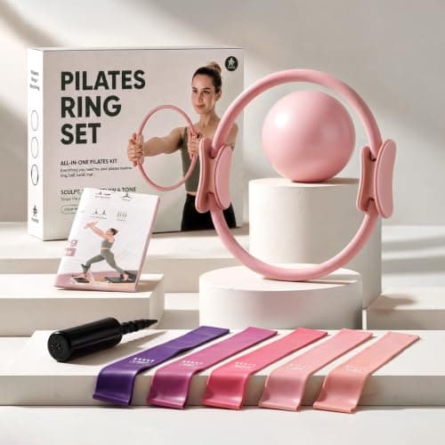 PAETA Pilates Ring Set – 14” Magic Circle (38 lbs Resistance), 9.8” Pilates Ball, 5 Resistance Bands, and Exercise Guide Included for Home Workouts(Pink)