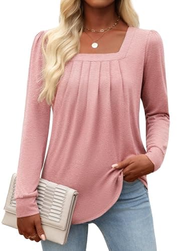 Funlingo Womens Puff Long Sleeve Tops Fall Casual Tunic Blouses Fashion Square Neck Front Pleated Dressy Shirts Cute Knit Clothes Orange Pink XL
