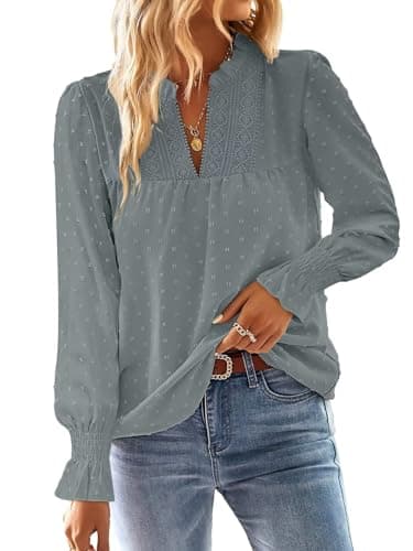 Falechay Plus Size Tops for Women Ruffle Long Sleeve Womens Blouses V Neck Dressy Casual Spring Flowy Bohemian Shirts Fall Gray-Green 2XL