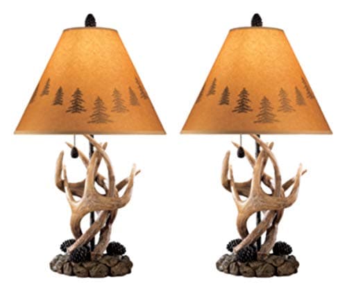 Signature Design by Ashley Derek Rustic Cabin Antler Lamp Set, 2 Count, Paper Silhouette Shade, Pull Chain Switch, 13.88" W x 13.88" D x 23.75" H, Brown