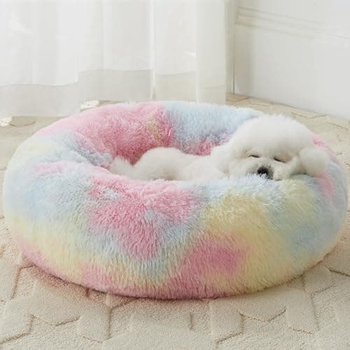 WNPETHOME Round Calming Medium Dog Bed Cat Bed for Comfy Sleeping, Cute Washable Puppy Bed with Fluffy Plush, Faux Fur Anti Anxiety Pet Bed Donut Cuddler (27 x 27 x 8 Inch, Rainbow)