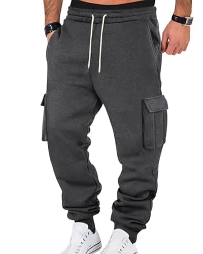PIDOGYM Mens Fleece Cargo Sweatpants Heavyweight Tapered Joggers Athletic for Men Workout Running with Pockets Grey