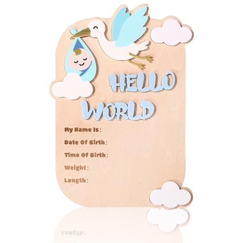 Hello World Newborn Sign, Wooden Newborn Welcome Arrival Sign Bird and Cloud Decoration New Baby Birth Name Announcement Board for Hospital Nursery Home Decor Keepaske Photo Props