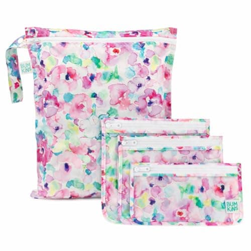 Bumkins - Waterproof Wet Bag & Clear Travel Bags - For Beach, Baby, Travel, Swim Suit, Cloth Diapers, Pump Parts, Pool, Gym, Toiletries - Reusable & Easy to Clean - Watercolor - 4 Pack