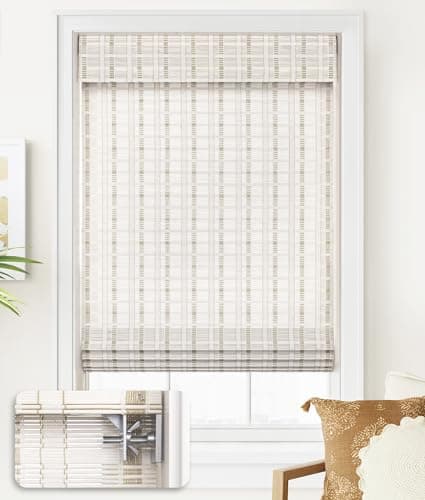 LazBlinds No Tools No Drill Cordless Bamboo Roman Shades, Light Filtering Window Treatment, Roll Up Bamboo Blinds for Window 25'' W x 64'' H, Whitewash B