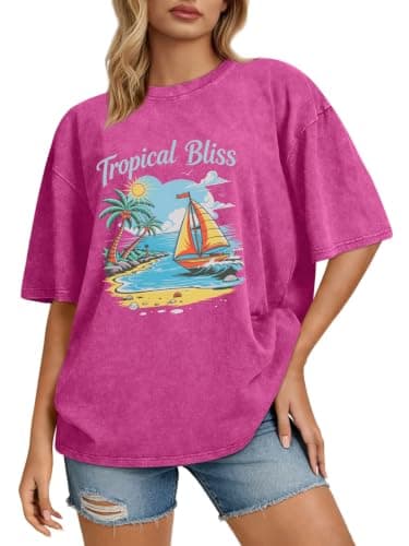 rosemia Oversized Tshirts for Women Acid Wash Short Sleeve Cotton Shirts Vintage Baggy Tops, Hot Pink Coconut Tree, S