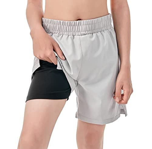 IRELIA Boys Box Brief Liner Compression Mesh Athletic Shorts Pocket Kids Quick Dry Active Sports Shorts with Reflective Strip Light Gray 14-16