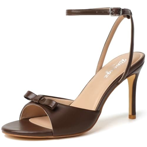 RIBONGZ Dark Brown Heels for Women Strappy Open Toe Stiletto with Bow Shoes 9
