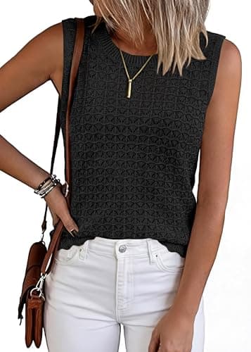 KIRUNDO Crochet Tops for Women 2026 Spring Summer Sleeveless Sweater Vest Tank Top Knit Pullover Beach Vacation Outfits (Black, Large)